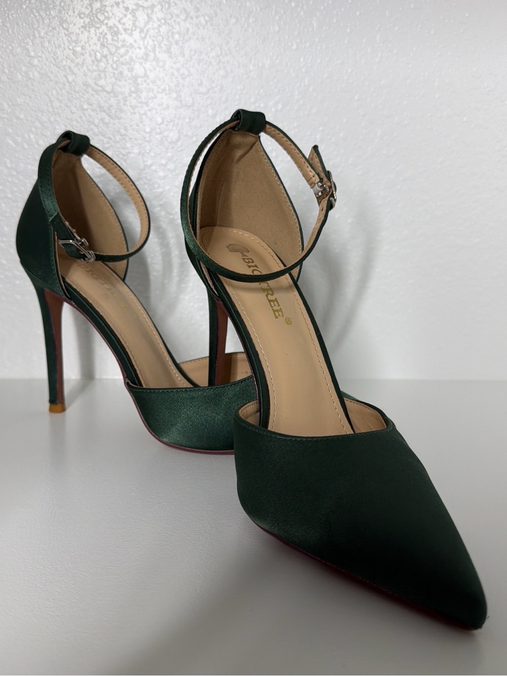 Emerald Satin Pointed-Toe Ankle-Strap Heels